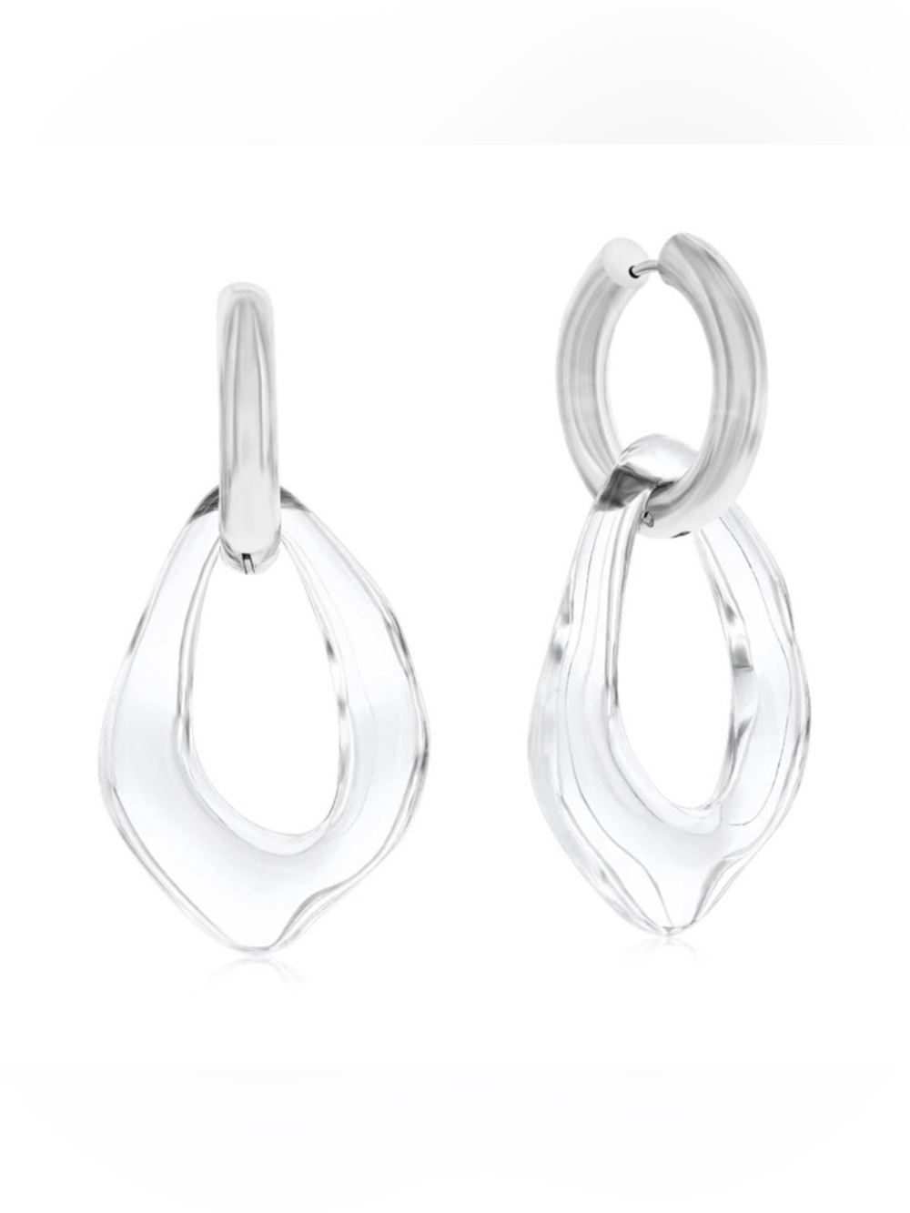 Liquid Lucite Ripple Drop Earrings Wavy Pebble Organic Silver Clear AP23